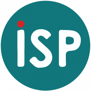 Das ISP-Logo ist ein petrol farbener Kreis mit weißer Schrift. Der i-Punkt ist rot.